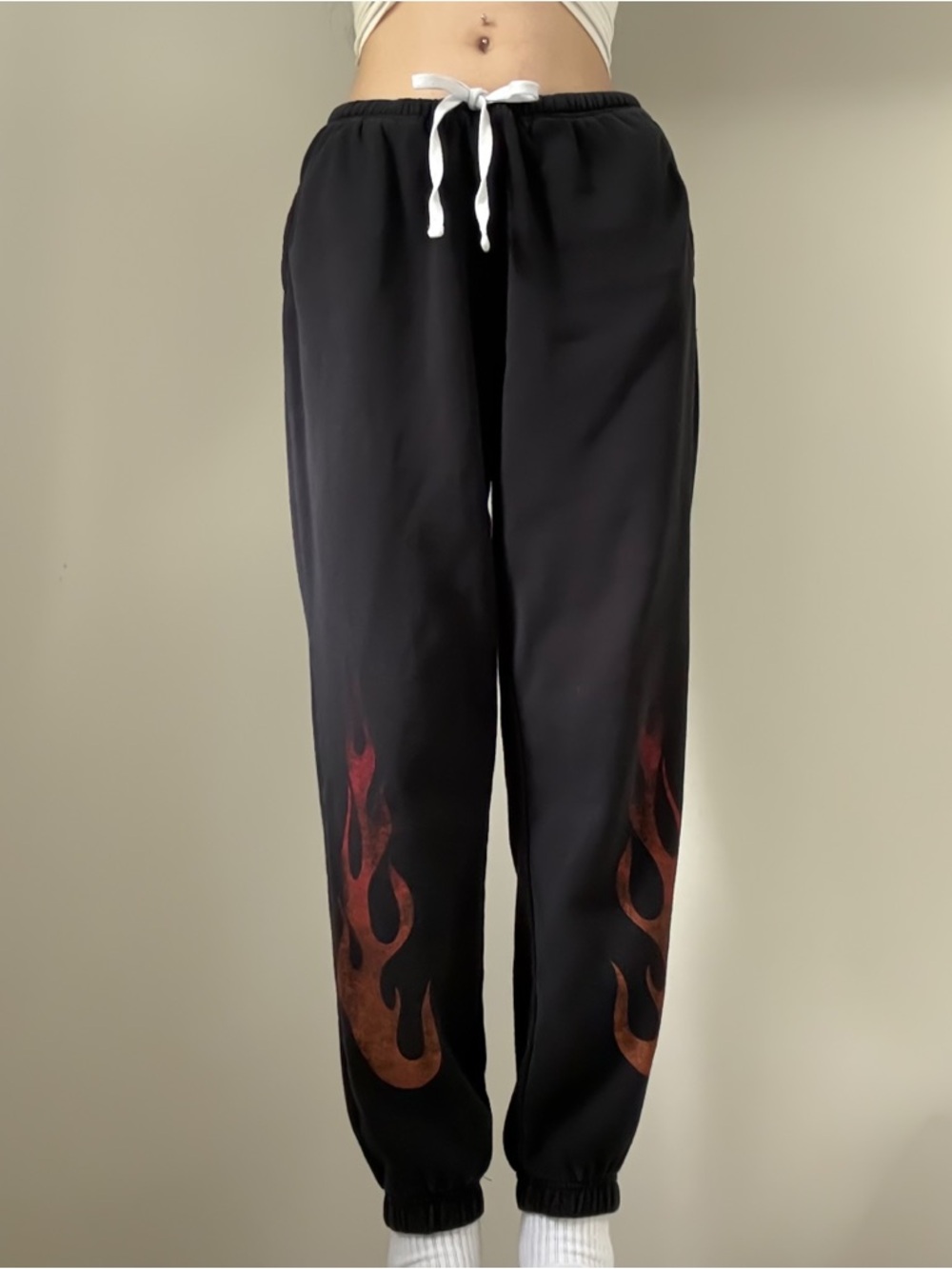 GARAGE Sweatpants with Red Flame Graphic Design Black Size S GUC